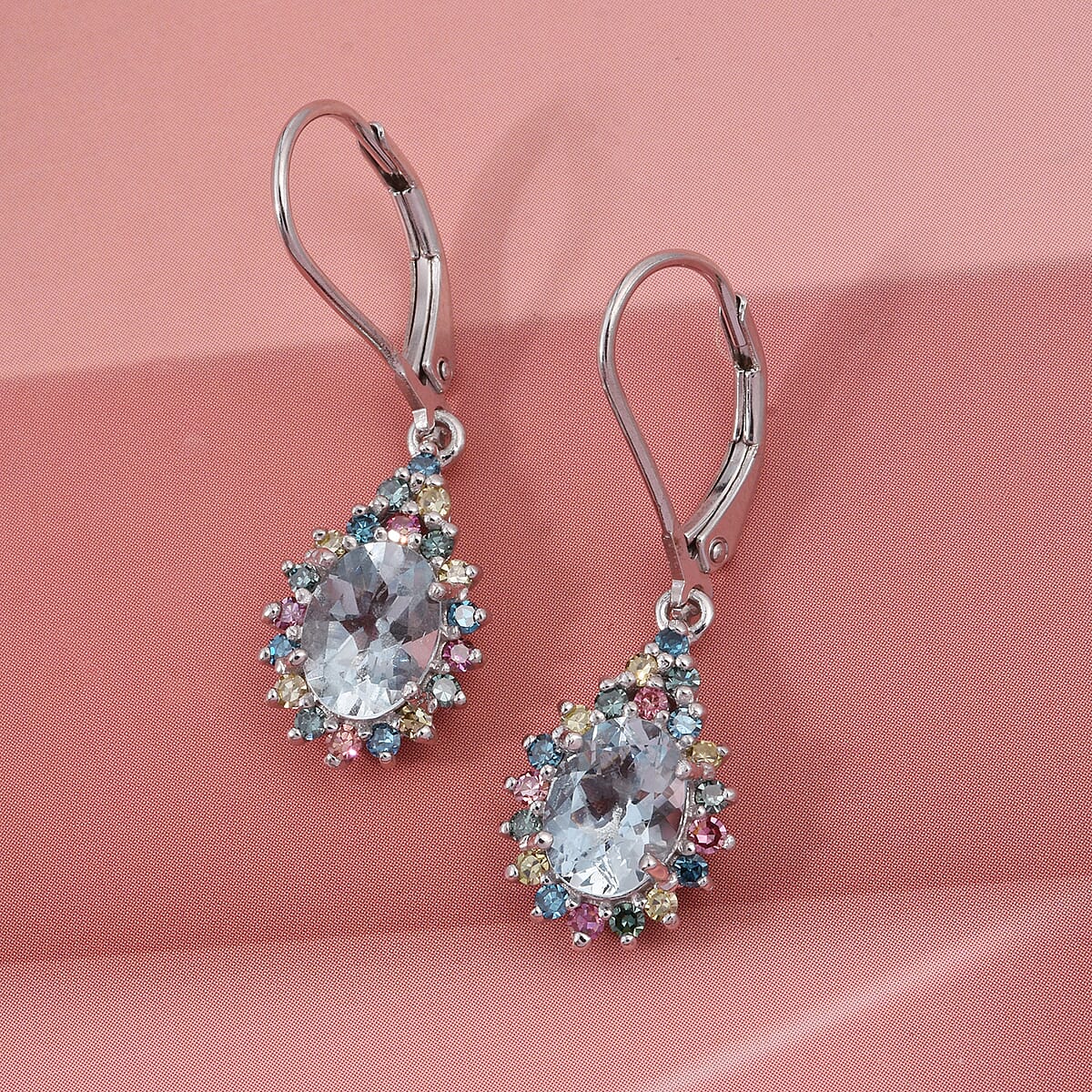 AAA Mangoro Aquamarine and Luxuriant Lab Grown Multi Diamond (IR) (SI) 2.80 ctw Ocean Bloom Earrings in Rhodium Over Sterling Silver image number 1