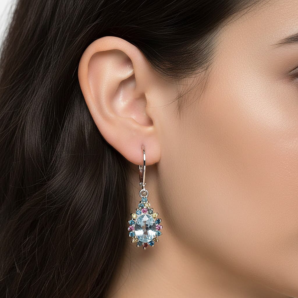 AAA Mangoro Aquamarine and Luxuriant Lab Grown Multi Diamond (IR) (SI) 2.80 ctw Ocean Bloom Earrings in Rhodium Over Sterling Silver