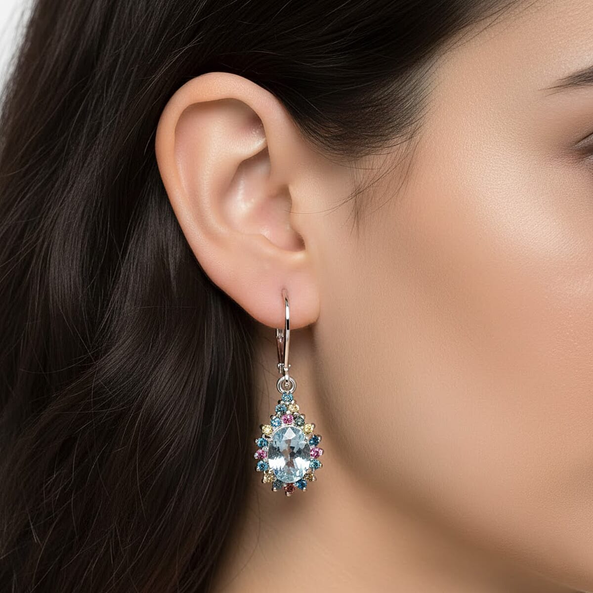 AAA Mangoro Aquamarine and Luxuriant Lab Grown Multi Diamond (IR) (SI) 2.80 ctw Ocean Bloom Earrings in Rhodium Over Sterling Silver image number 2