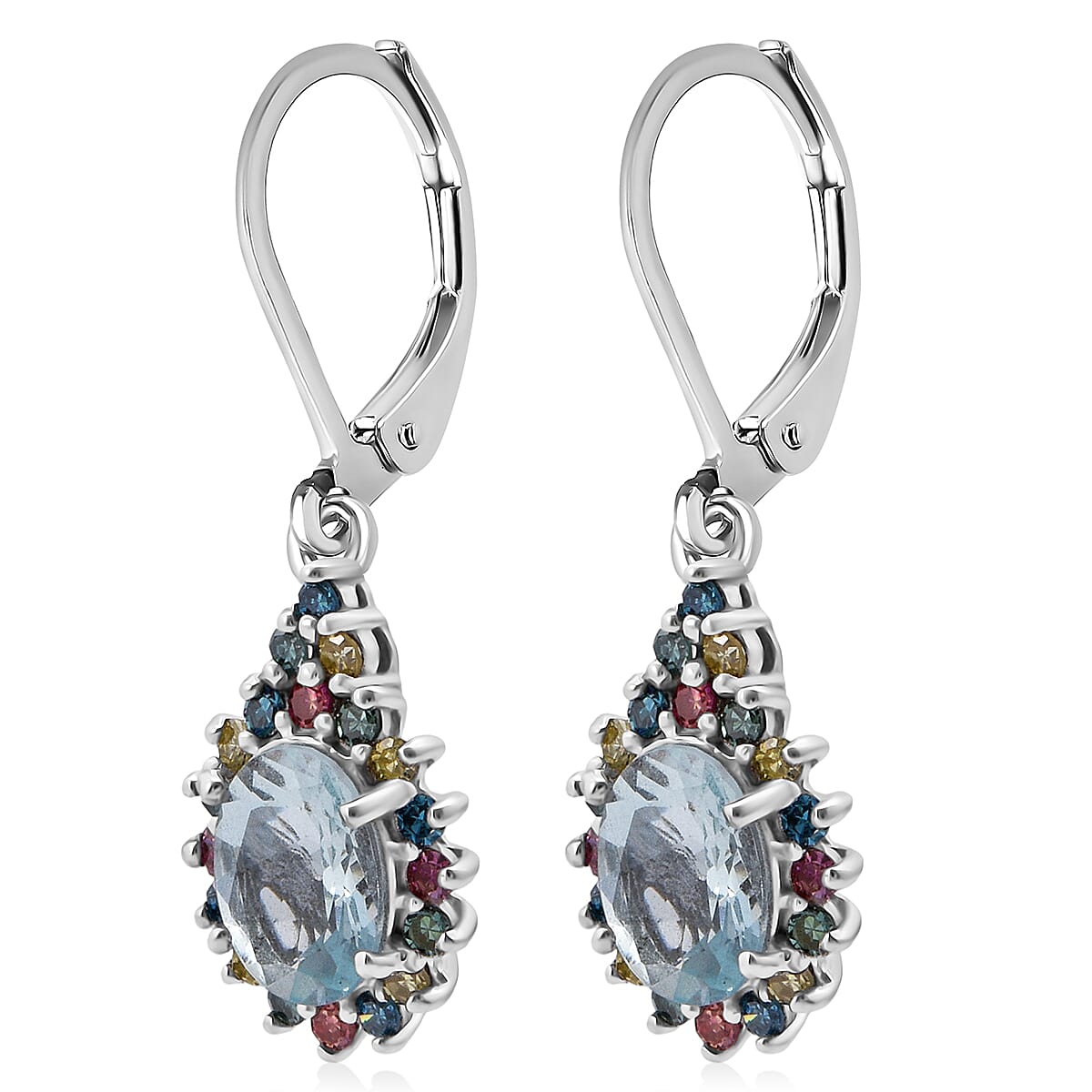 AAA Mangoro Aquamarine and Luxuriant Lab Grown Multi Diamond (IR) (SI) 2.80 ctw Ocean Bloom Earrings in Rhodium Over Sterling Silver image number 3