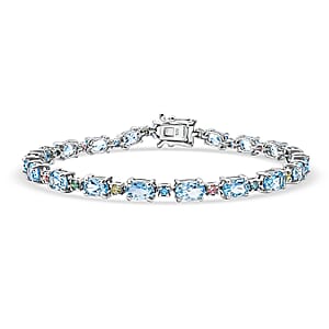 AAA Mangoro Aquamarine and Luxuriant Lab Grown Multi Diamond IR SI 8.25 ctw Bracelet in Rhodium Over Sterling Silver (7.25 In)