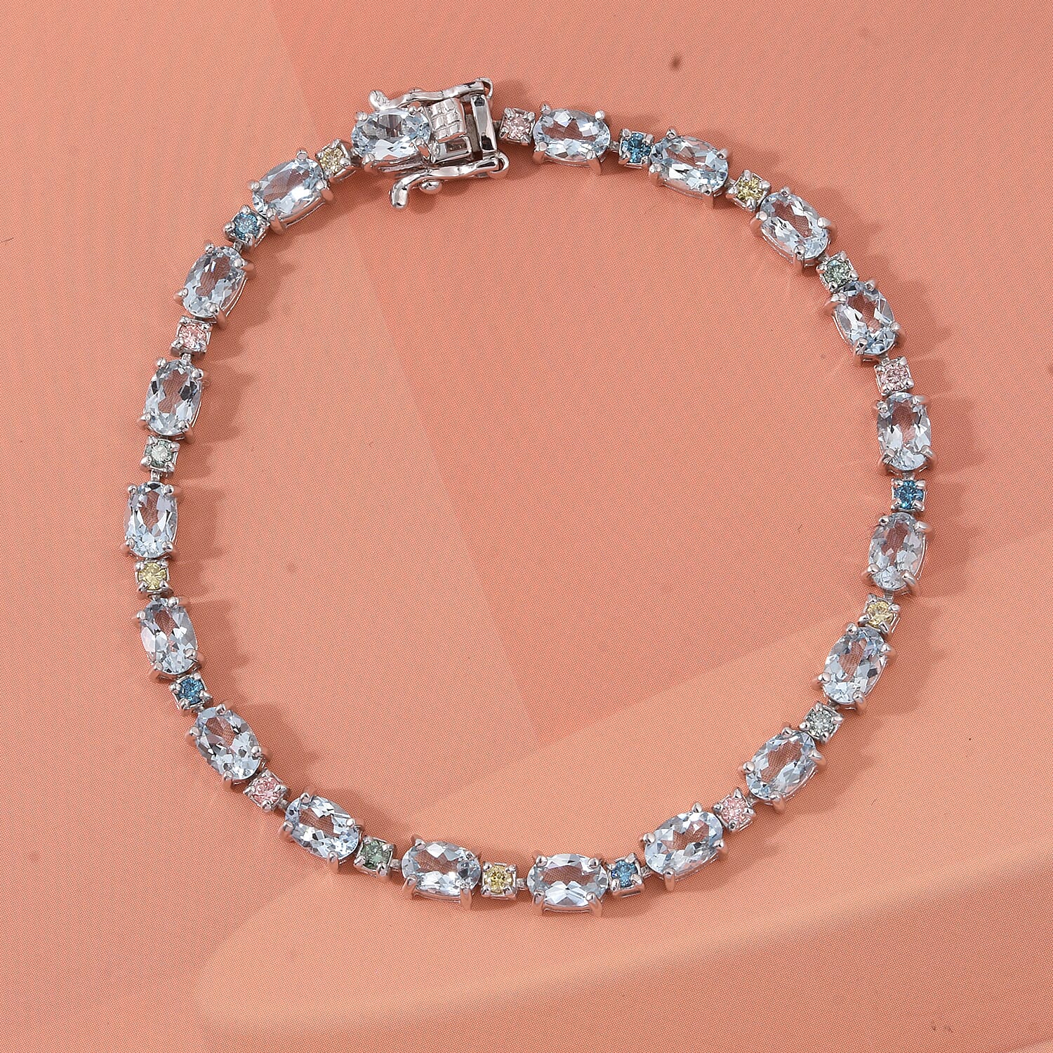 AAA Mangoro Aquamarine and Luxuriant Lab Grown Multi Diamond IR SI 8.25 ctw Bracelet in Rhodium Over Sterling Silver (7.25 In)