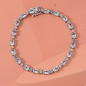 AAA Mangoro Aquamarine and Luxuriant Lab Grown Multi Diamond IR SI 8.25 ctw Bracelet in Rhodium Over Sterling Silver (7.25 In)