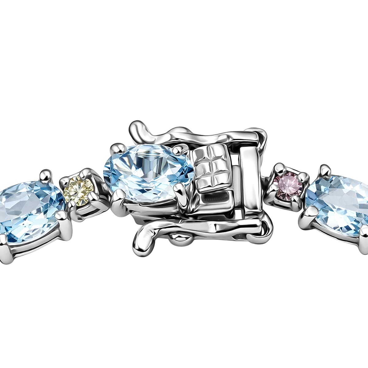 AAA Mangoro Aquamarine and Luxuriant Lab Grown Multi Diamond IR SI 8.25 ctw Bracelet in Rhodium Over Sterling Silver (7.25 In) image number 2