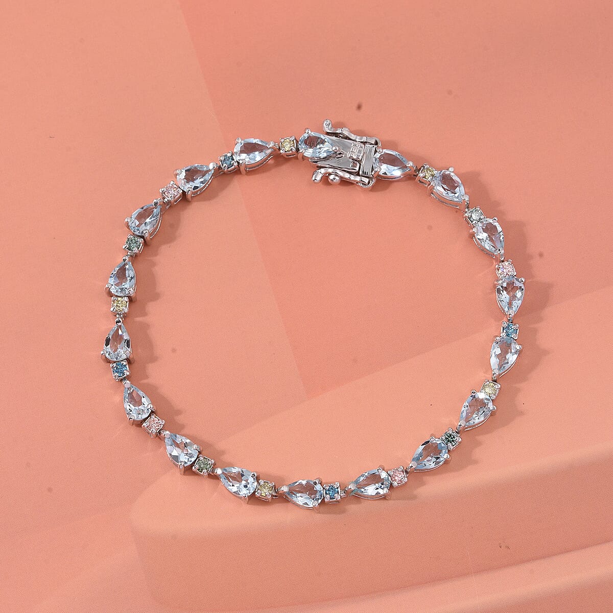 AAA Mangoro Aquamarine and Luxuriant Lab Grown Multi Diamond IR SI 6.70 ctw Bracelet in Rhodium Over Sterling Silver (7.25 In) image number 1