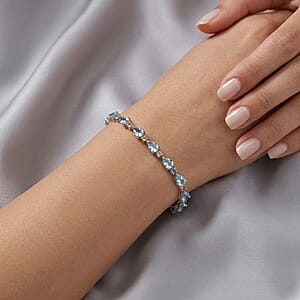 AAA Mangoro Aquamarine and Luxuriant Lab Grown Multi Diamond IR SI 6.70 ctw Bracelet in Rhodium Over Sterling Silver (7.25 In)