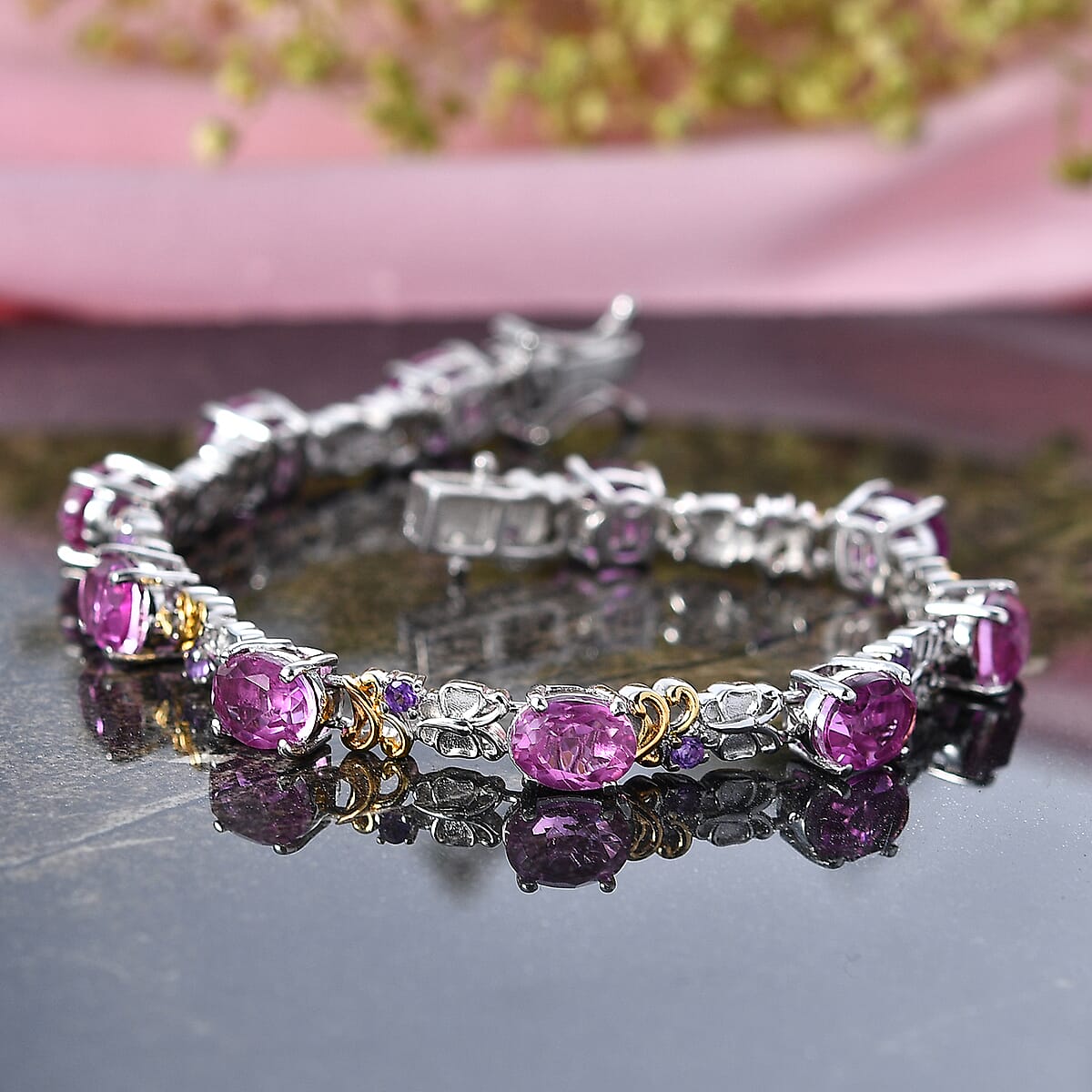 EverTrue African Lilac Quartz (Triplet) and African Amethyst 16.70 ctw Bracelet in 18K Yellow Gold Plated and Platinum Bond (7.25 In) image number 1