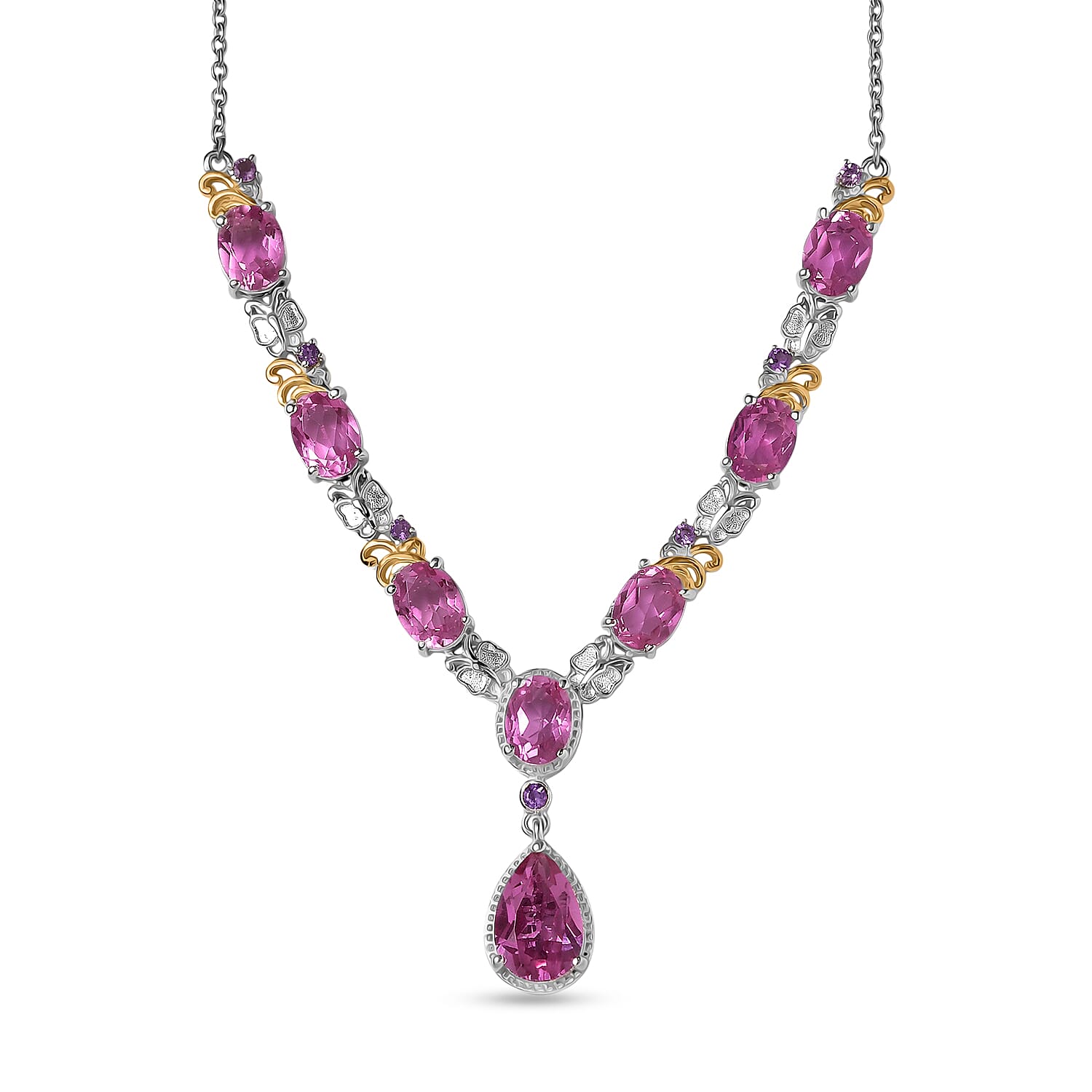 EverTrue African Lilac Quartz (Triplet) and African Amethyst 14.00 ctw Wisteria Bloom Necklace in 18K Yellow Gold Plated and Platinum Bond 20 Inches