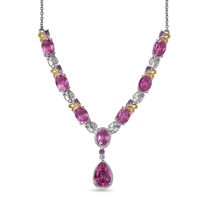 EverTrue African Lilac Quartz (Triplet) and African Amethyst 14.00 ctw Wisteria Bloom Necklace in 18K Yellow Gold Plated and Platinum Bond 20 Inches