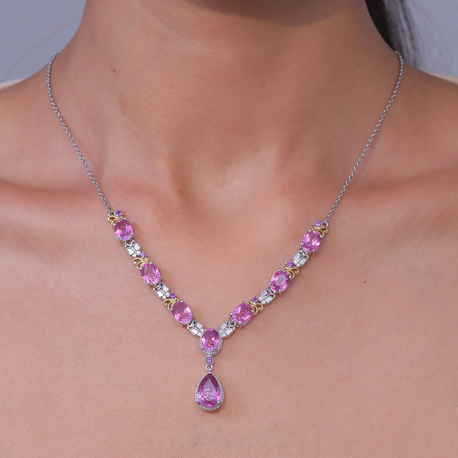 EverTrue African Lilac Quartz (Triplet) and African Amethyst 14.00 ctw Wisteria Bloom Necklace in 18K Yellow Gold Plated and Platinum Bond 20 Inches