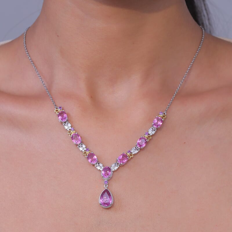 EverTrue African Lilac Quartz (Triplet) and African Amethyst 14.00 ctw Wisteria Bloom Necklace in 18K Yellow Gold Plated and Platinum Bond 20 Inches