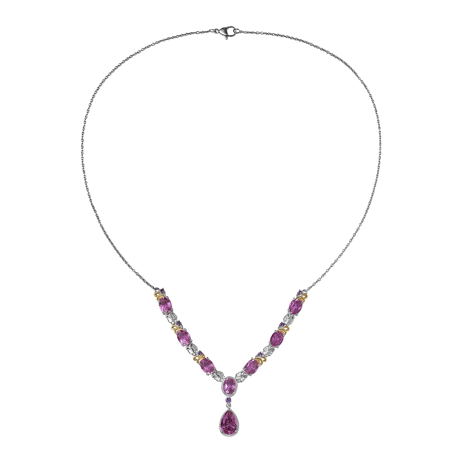 EverTrue African Lilac Quartz (Triplet) and African Amethyst 14.00 ctw Wisteria Bloom Necklace in 18K Yellow Gold Plated and Platinum Bond 20 Inches