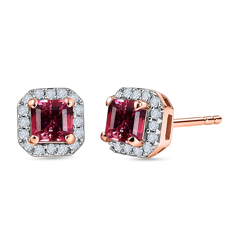 D'Joy Ouro Fino Rubellite and Moissanite 0.90 ctw Timeless Studs Earrings in 18K Vermeil Rose Gold Over Sterling Silver