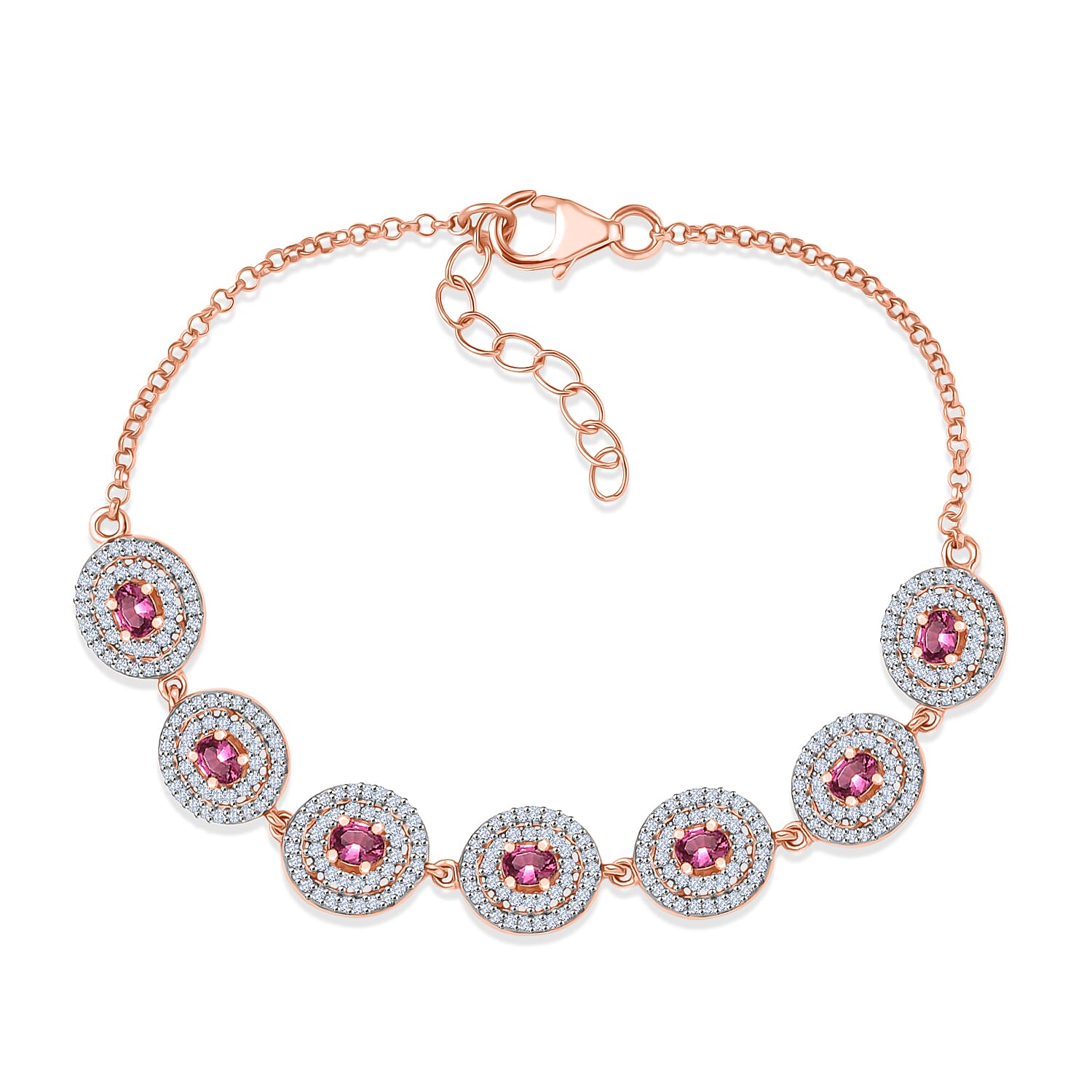 D'Joy Ouro Fino Rubellite and Moissanite 2.25 ctw Scarlet Halo Bracelet in 18K Vermeil Rose Gold Over Sterling Silver (7.25 In)