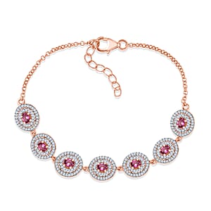 D'Joy Ouro Fino Rubellite and Moissanite 2.25 ctw Scarlet Halo Bracelet in 18K Vermeil Rose Gold Over Sterling Silver (7.25 In)