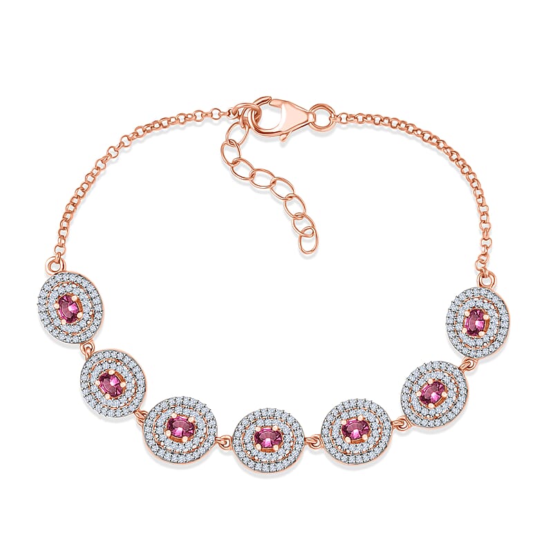 D'Joy Ouro Fino Rubellite and Moissanite 2.25 ctw Scarlet Halo Bracelet in 18K Vermeil Rose Gold Over Sterling Silver (7.25 In)
