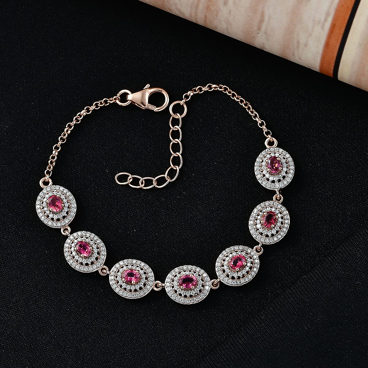 D'Joy Ouro Fino Rubellite and Moissanite 2.25 ctw Scarlet Halo Bracelet in 18K Vermeil Rose Gold Over Sterling Silver (7.25 In) image number 1