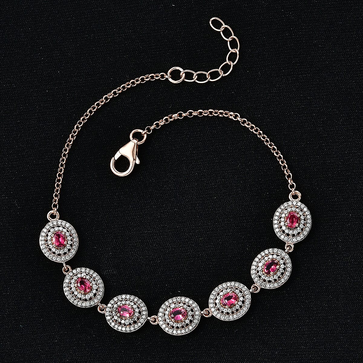 D'Joy Ouro Fino Rubellite and Moissanite 2.25 ctw Scarlet Halo Bracelet in 18K Vermeil Rose Gold Over Sterling Silver (8.00 In) image number 1
