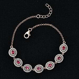 D'Joy Ouro Fino Rubellite and Moissanite 2.25 ctw Scarlet Halo Bracelet in 18K Vermeil Rose Gold Over Sterling Silver (8.00 In)