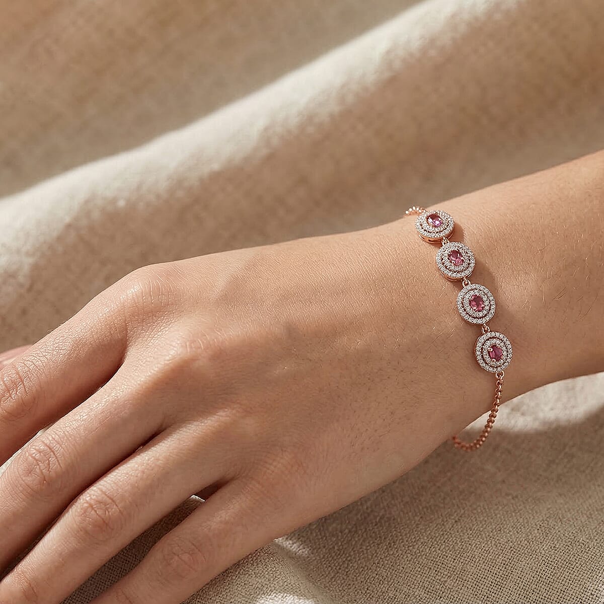 D'Joy Ouro Fino Rubellite and Moissanite 2.25 ctw Scarlet Halo Bracelet in 18K Vermeil Rose Gold Over Sterling Silver (8.00 In) image number 2