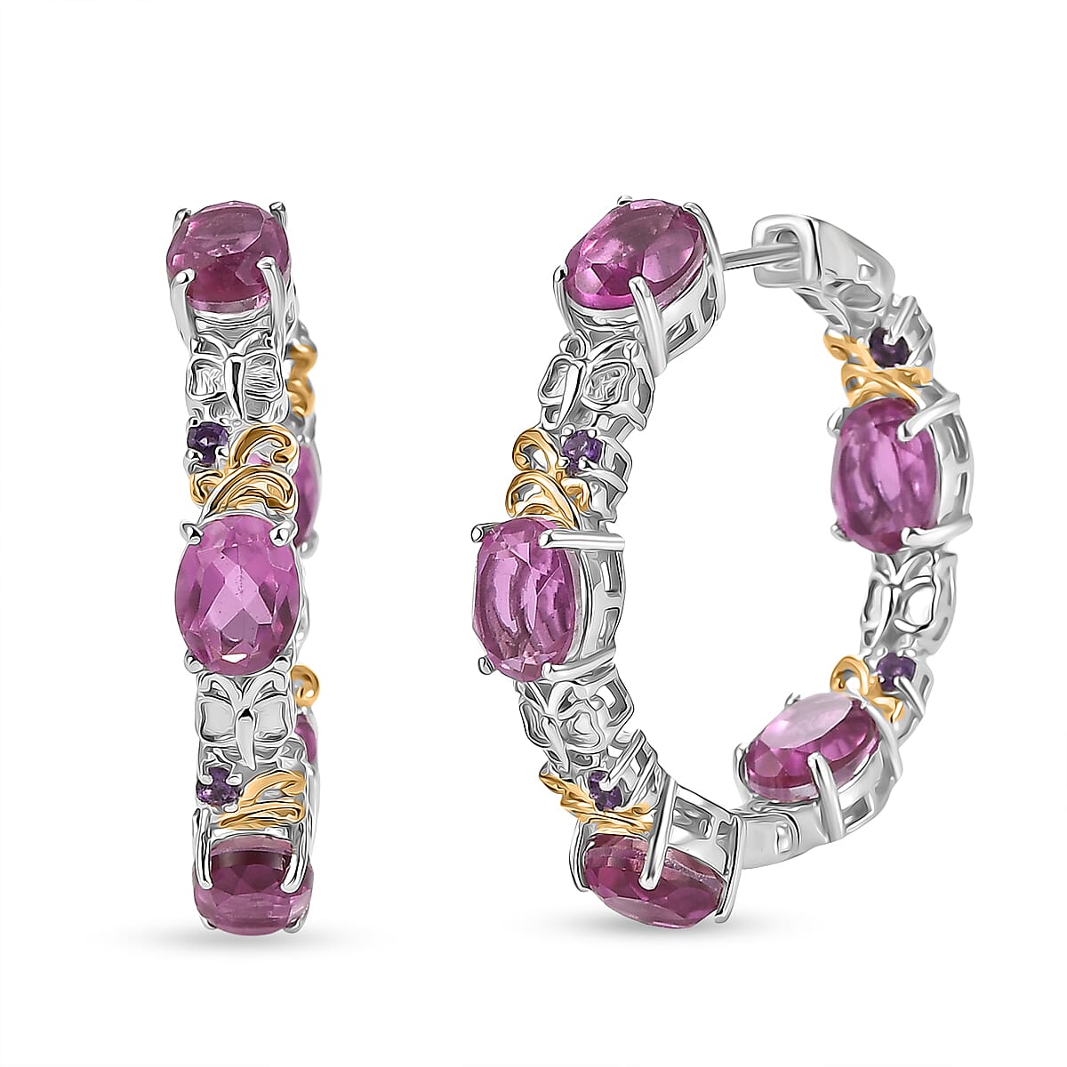 EverTrue African Lilac Quartz (Triplet) and African Amethyst 15.35 ctw Wisteria Bloom Hoop Earrings in 18K Yellow Gold Plated and Platinum Bond (Ships in 5-7 Days)