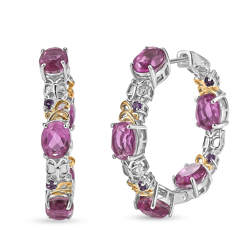 EverTrue African Lilac Quartz (Triplet) and African Amethyst 15.35 ctw Wisteria Bloom Hoop Earrings in 18K Yellow Gold Plated and Platinum Bond