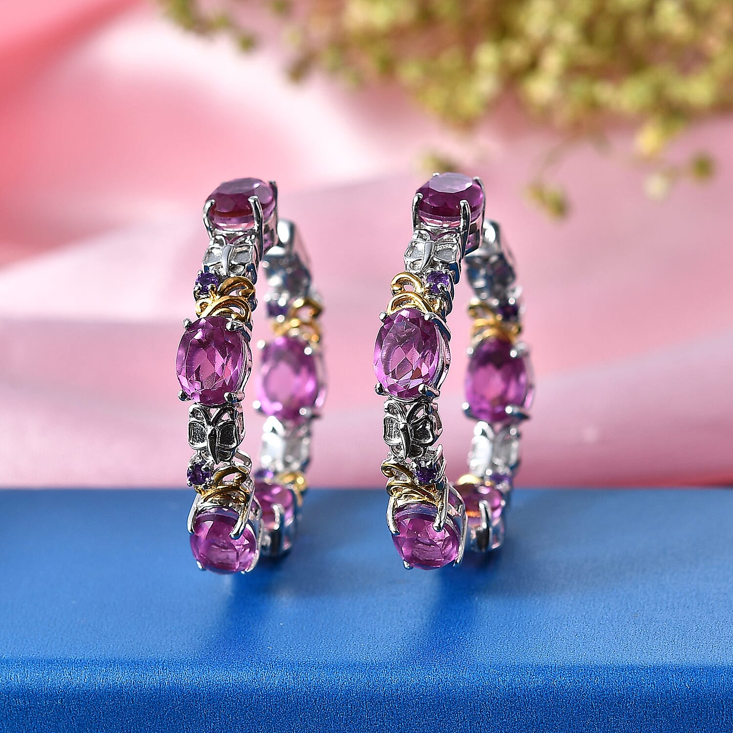 EverTrue African Lilac Quartz (Triplet) and African Amethyst 15.35 ctw Wisteria Bloom Hoop Earrings in 18K Yellow Gold Plated and Platinum Bond (Ships in 5-7 Days)