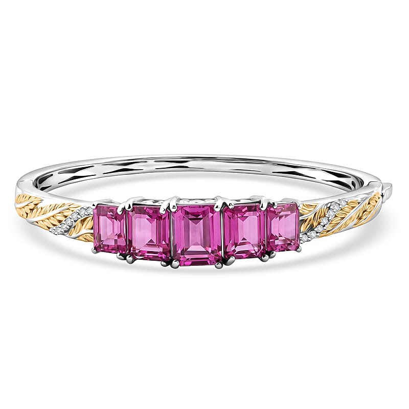 EverTrue African Lilac Quartz (Triplet) and White Zircon 13.80 ctw Floral Vine Bangle Bracelet in 18K Yellow Gold Plated and Platinum Bond (6.50 In)