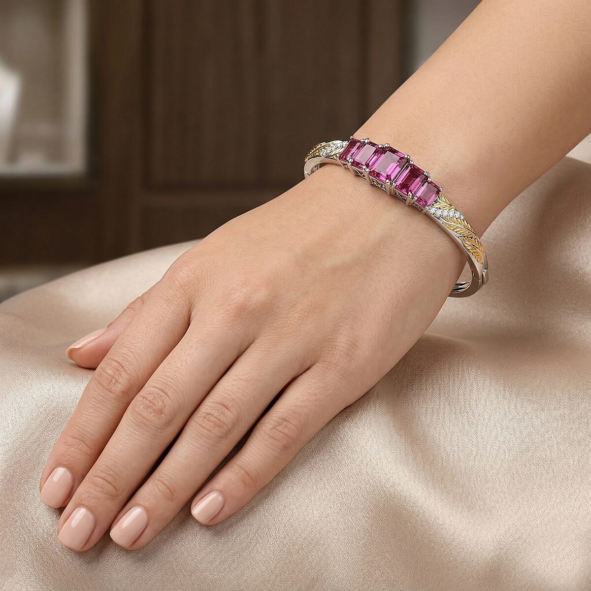 EverTrue African Lilac Quartz (Triplet) and White Zircon 12.75 ctw Bangle in 18K Yellow Gold Plated and Platinum Bond (6.50 In) image number 2