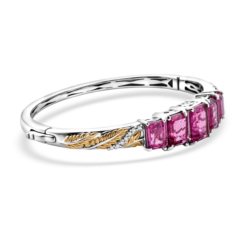 EverTrue African Lilac Quartz (Triplet) and White Zircon 13.80 ctw Floral Vine Bangle Bracelet in 18K Yellow Gold Plated and Platinum Bond (6.50 In)