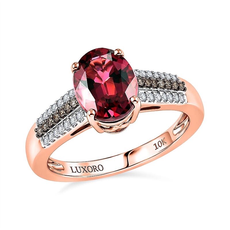 Luxoro AAA Ouro Fino Rubellite, Natural Champagne and White Diamond I2 2.15 ctw Velvet Fire Ring in 10K Rose Gold (Size  7.0)