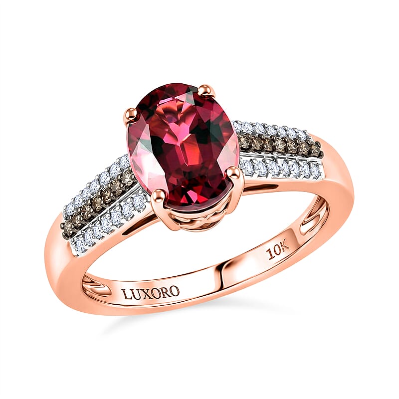 Luxoro AAA Ouro Fino Rubellite, Natural Champagne and White Diamond I2 2.15 ctw Velvet Fire Ring in 10K Rose Gold (Size  8.0)