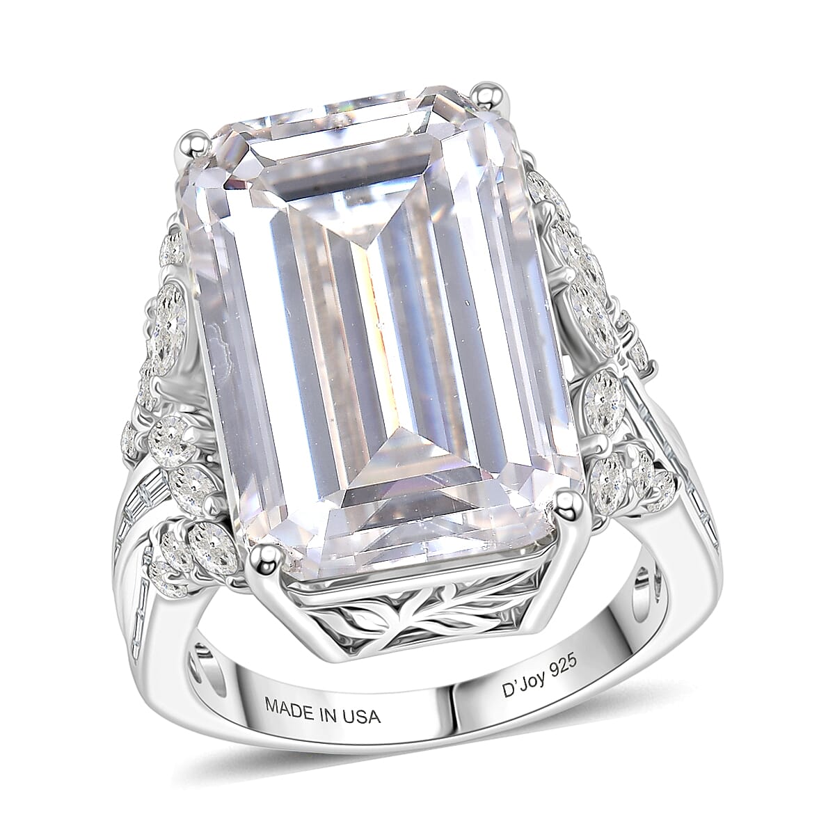 D'Joy Radiant Cut Moissanite (Oct 20x13mm) Ring in Rhodium Over Sterling Silver (Size 10.0) 22.10 ctw