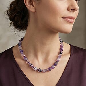EverTrue Multi Fluorite and African Amethyst 315.00 ctw Beaded Necklace in 18K YG Plated 18 Inches 