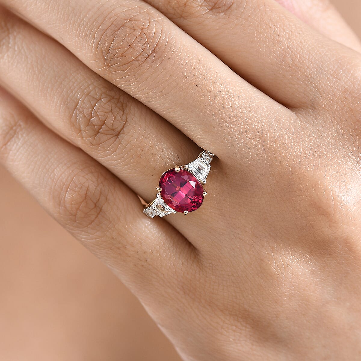 10K Yellow Gold AAA Ouro Fino Rubellite and Luxuriant Lab Grown Diamond G-H SI 3.75 ctw Ring in 10K Yellow Gold (Size 10.0) image number 2