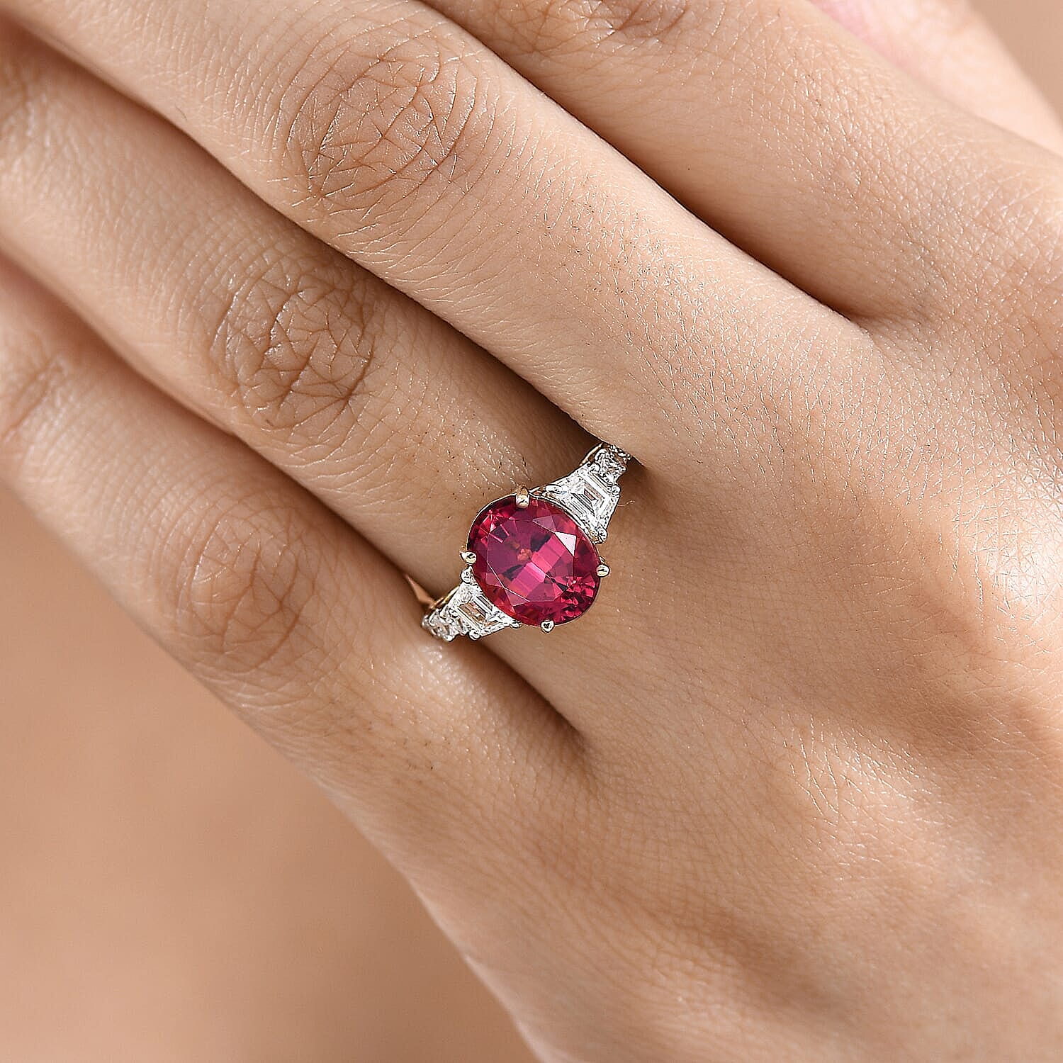 Certified & Appraised AAA Ouro Fino Rubellite and Luxuriant Lab Grown Diamond G-H SI 3.80 ctw Ring in 10K Yellow Gold (Size 10.5)