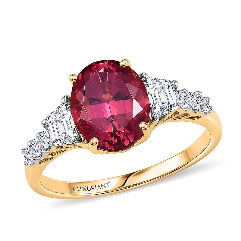 Certified & Appraised AAA Ouro Fino Rubellite and Luxuriant Lab Grown Diamond G-H SI 3.80 ctw Ring in 10K Yellow Gold (Size 11.0)