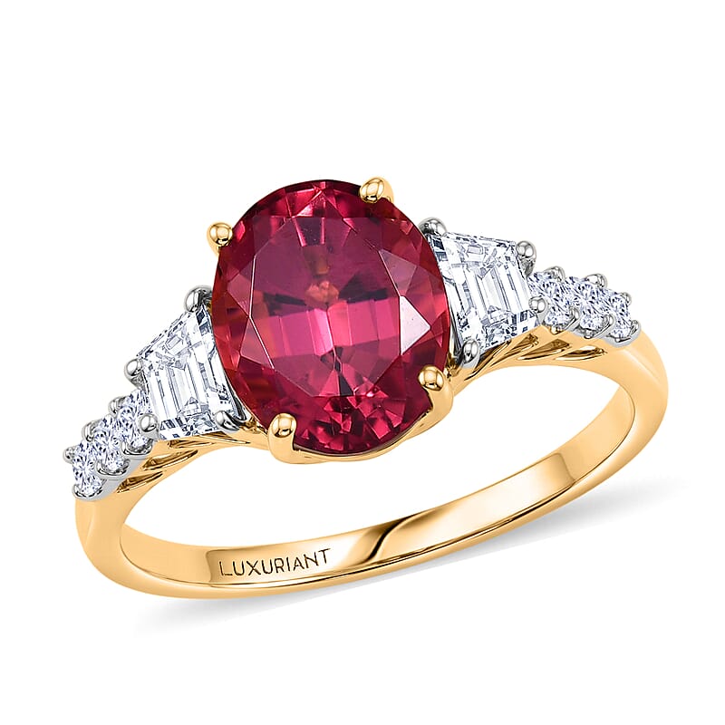Certified and Appraised AAA Ouro Fino Rubellite and Luxuriant Lab Grown Diamond G-H SI 3.80 ctw Ring in 10K Yellow Gold (Size 6.0)