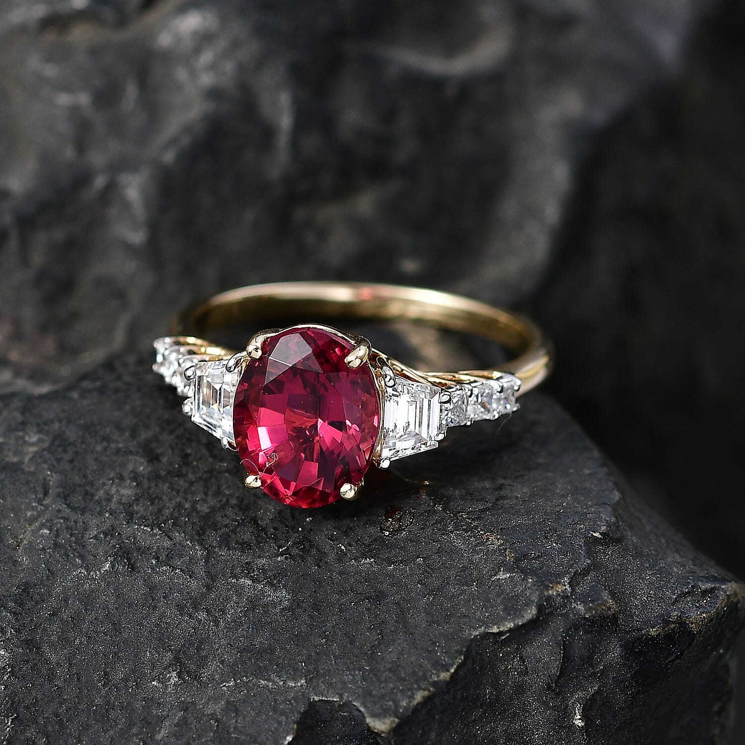 Certified & Appraised AAA Ouro Fino Rubellite and Luxuriant Lab Grown Diamond G-H SI 3.80 ctw Ring in 10K Yellow Gold (Size 6.0)