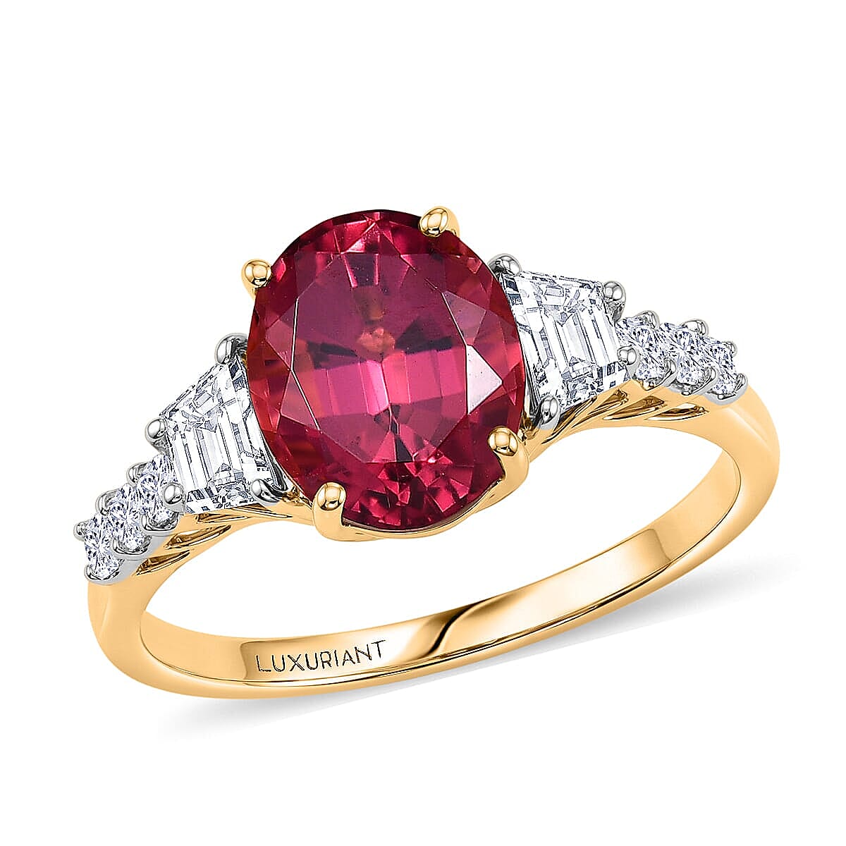 Certified & Appraised AAA Ouro Fino Rubellite and Luxuriant Lab Grown Diamond G-H SI 3.80 ctw Ring in 10K Yellow Gold (Size 8.5)