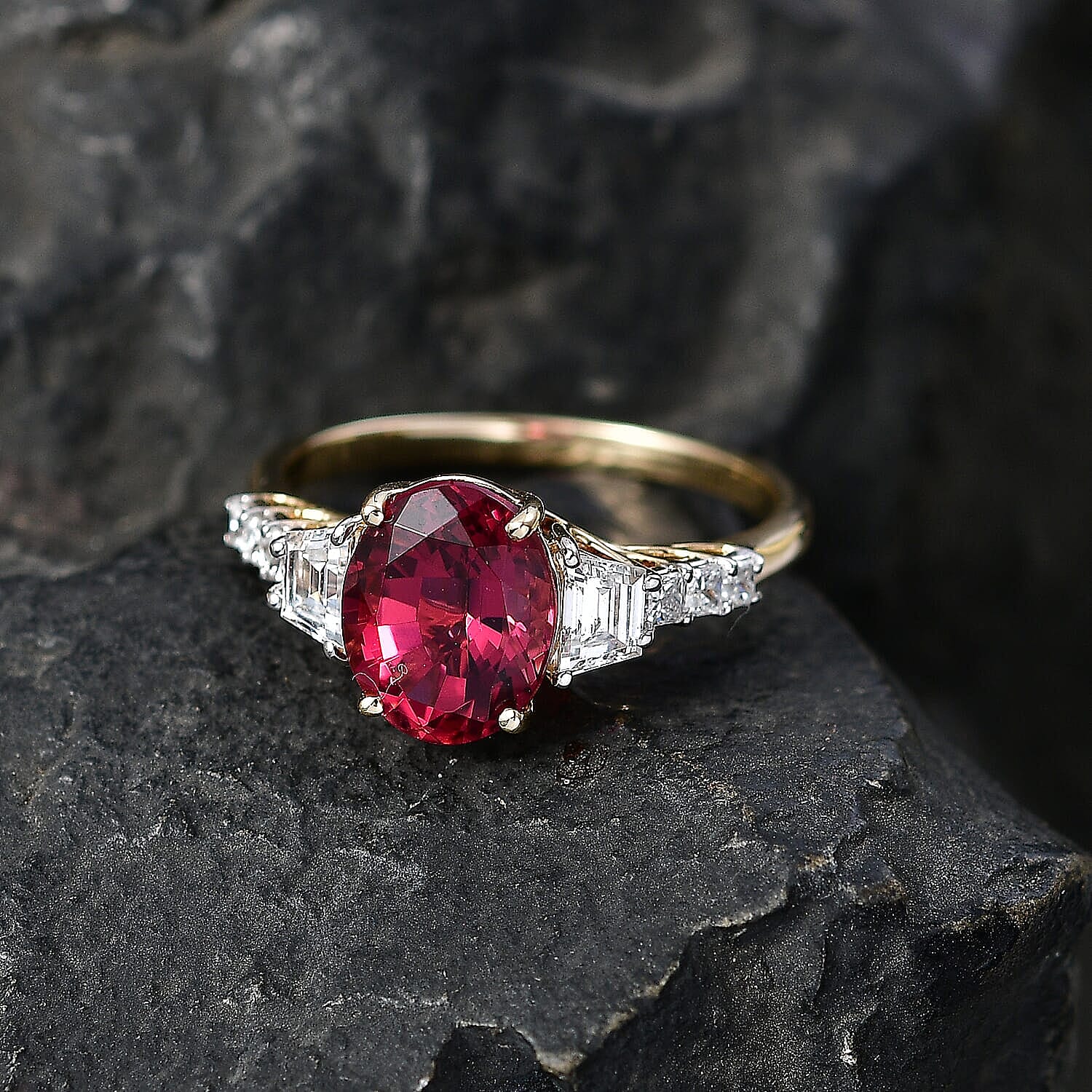 Certified & Appraised AAA Ouro Fino Rubellite and Luxuriant Lab Grown Diamond G-H SI 3.80 ctw Ring in 10K Yellow Gold (Size 8.5)
