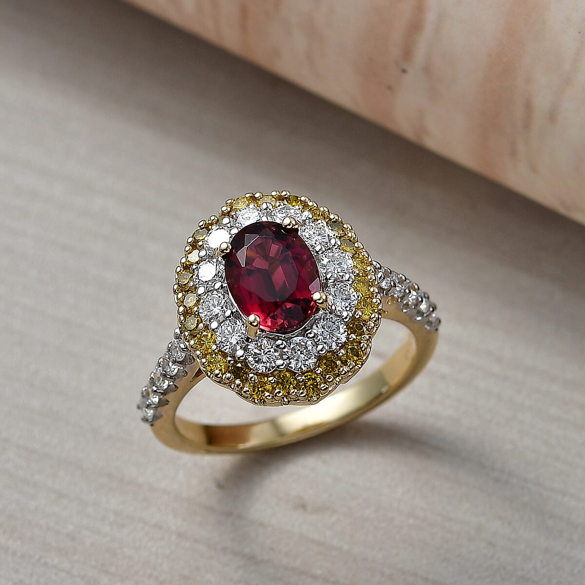 Certified & Appraised 10K Yellow Gold AAA Ouro Fino Rubellite, Luxuriant Lab Grown Yellow and White Diamond (IR) (SI) (1.23 cts) Ring (Size 10.0) 2.50 ctw image number 1