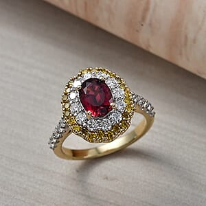 AAA Ouro Fino Rubellite and Luxuriant Lab Grown Yellow and White Diamond (IR) (SI) 2.50 ctw Ring in 10K Yellow Gold (Size 10.0) (Del. in 7-10 Days)
