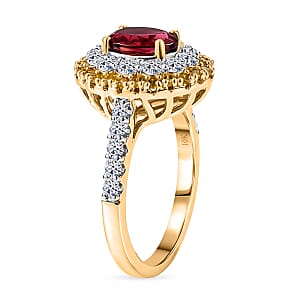 AAA Ouro Fino Rubellite and Luxuriant Lab Grown Yellow and White Diamond (IR) (SI) 2.50 ctw Ring in 10K Yellow Gold (Size 10.0) (Del. in 7-10 Days)