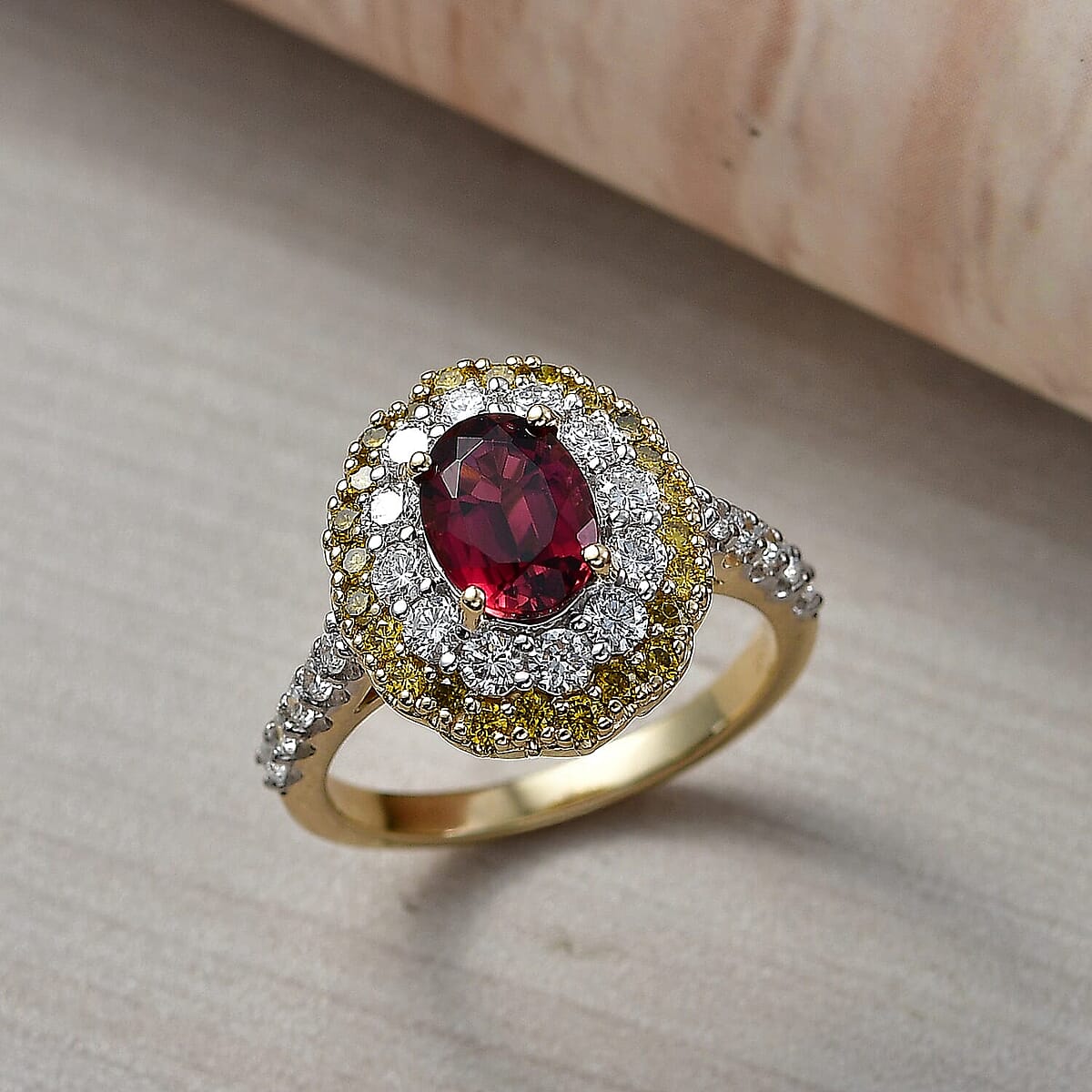 Certified & Appraised AAA Ouro Fino Rubellite and Luxuriant Lab Grown Yellow and White Diamond (IR) (SI) 2.50 ctw Ring in 10K Yellow Gold (Size 10.50) image number 1