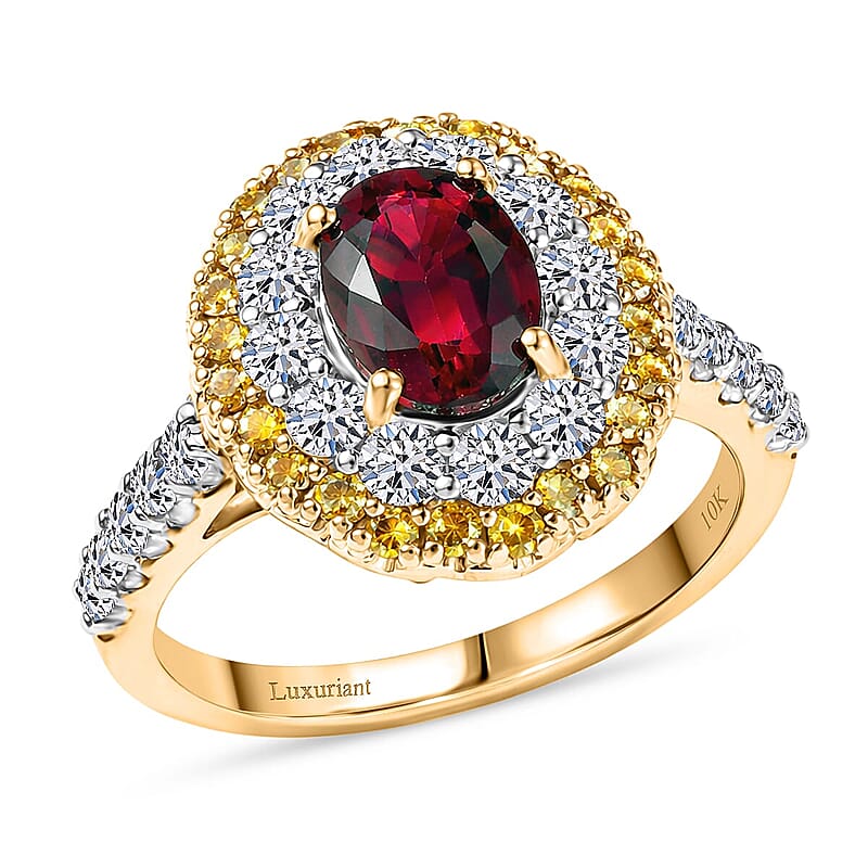 Certified & Appraised AAA Ouro Fino Rubellite and Luxuriant Lab Grown Yellow and White Diamond (IR) (SI) 2.50 ctw Ring in 10K Yellow Gold (Size 5.0)