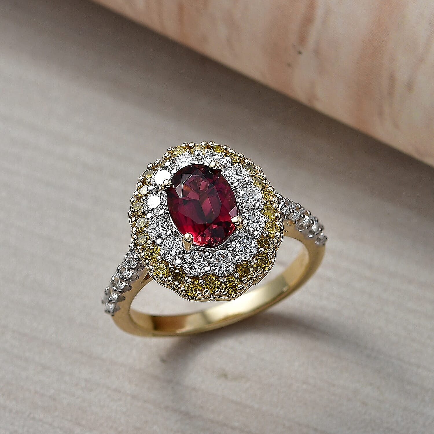 Certified & Appraised AAA Ouro Fino Rubellite and Luxuriant Lab Grown Yellow and White Diamond (IR) (SI) 2.50 ctw Ring in 10K Yellow Gold (Size 5.0)