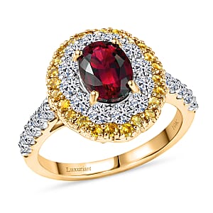 AAA Ouro Fino Rubellite and Luxuriant Lab Grown Yellow and White Diamond (IR) (SI) 2.50 ctw Ring in 10K Yellow Gold (Size 7.0)