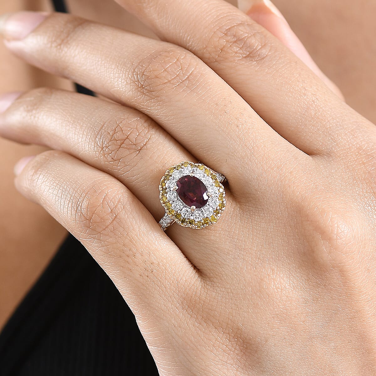 AAA Ouro Fino Rubellite and Luxuriant Lab Grown Yellow and White Diamond (IR) (SI) 2.50 ctw Ring in 10K Yellow Gold (Size 7.0) image number 2