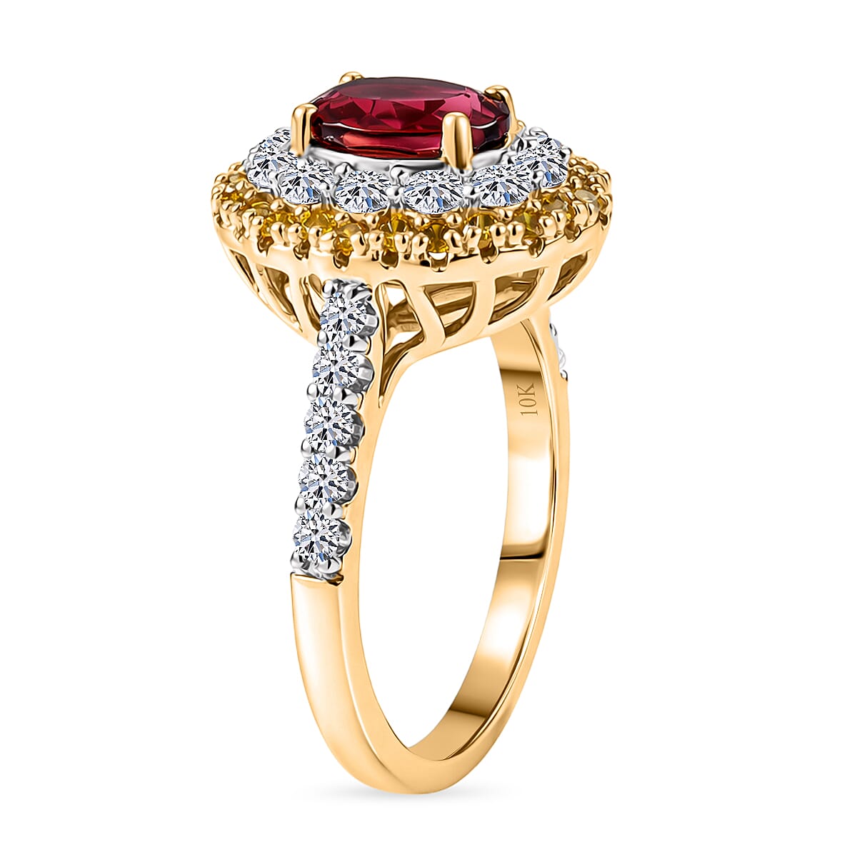 AAA Ouro Fino Rubellite and Luxuriant Lab Grown Yellow and White Diamond (IR) (SI) 2.50 ctw Ring in 10K Yellow Gold (Size 7.0) image number 3